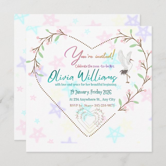 Romantic Floral Heart Bridal Shower Invitation | E (Front/Back)