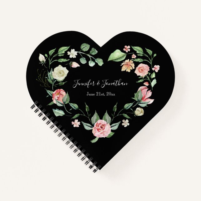 Romantic Floral Heart Frame with Names Wedding Notebook (Front)