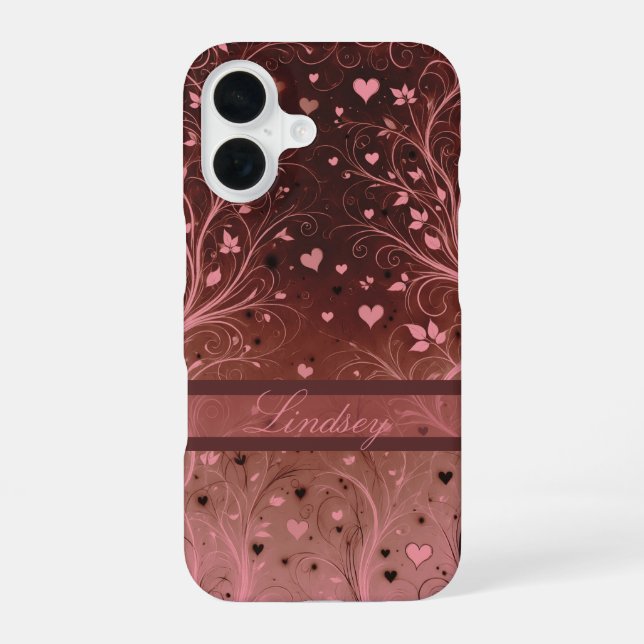 Romantic Floral Heart Pattern iPhone 16 Case (Back)