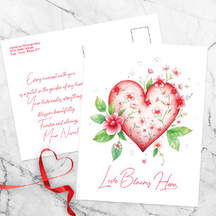 Romantic Floral Heart with Pink and Red Flowers Postcard
