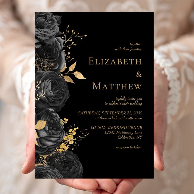 Romantic Floral Jet Black Gold Wedding Invitation (Creator Uploaded)