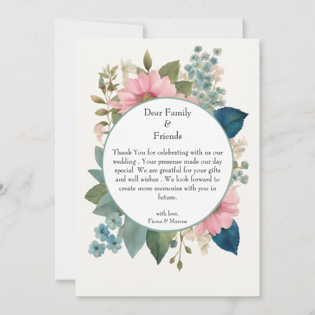 Romantic Floral & Minimalist Elegant Wedding Thank You Card (Front)
