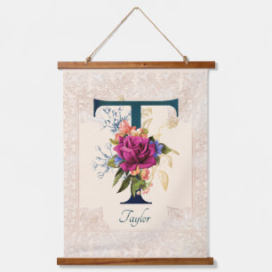 Romantic Floral Monogram Letter T  Hanging Tapestry