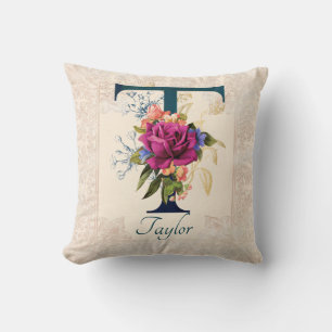 Romantic Floral Monogram Letter T Throw Pillow