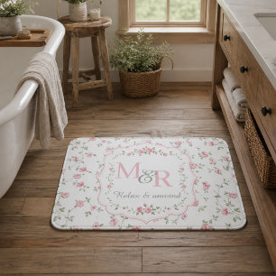 Romantic Floral Monogram   Vintage Cottagecore Bath Mat