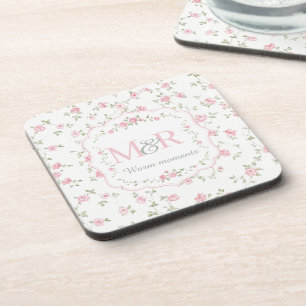 Romantic Floral Monogram Vintage Cottagecore Coaster
