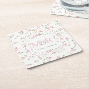 Romantic Floral Monogram Vintage Cottagecore Square Paper Coaster