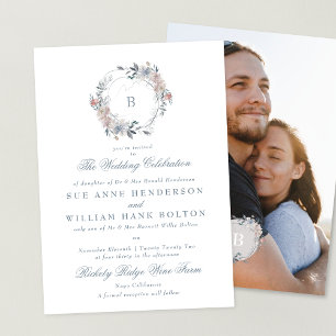 Romantic Floral Monogram Wreath Photo Wedding Invitation