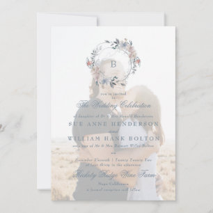 Romantic Floral Monogram Wreath Photo Wedding Invitation