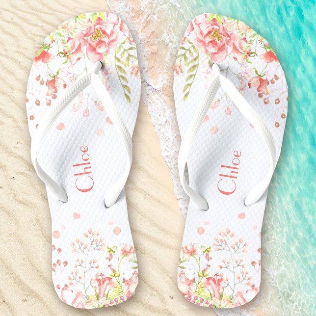 Romantic Floral Name White Pink Thongs (Romantic Floral Name White Pink Flip Flops)