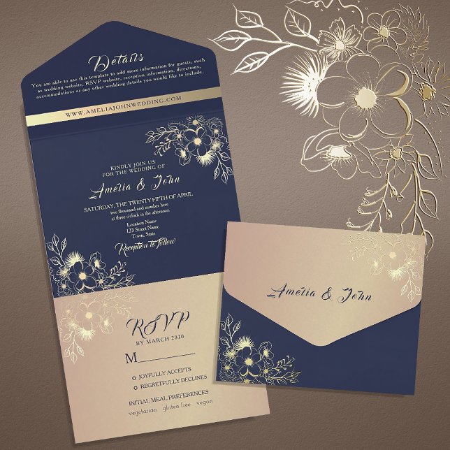 Romantic Floral Navy and Gold Wedding All In One Invitation (Creator Uploaded)