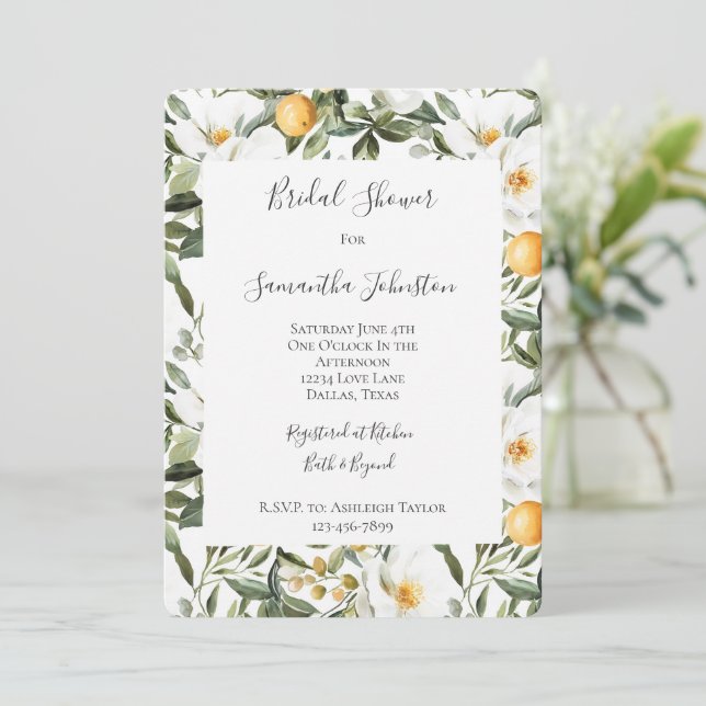 Romantic Floral Oranges Sicily Bridal Shower Invitation (Standing Front)