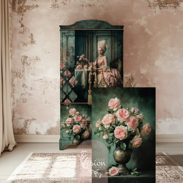 Romantic Floral, Peony Roses, Blush Pink & Emerald Tissue Paper (Romantic Floral, Blush Pink, Peony Roses, Vintage Still Life, Emerald Green Background Decoupage )