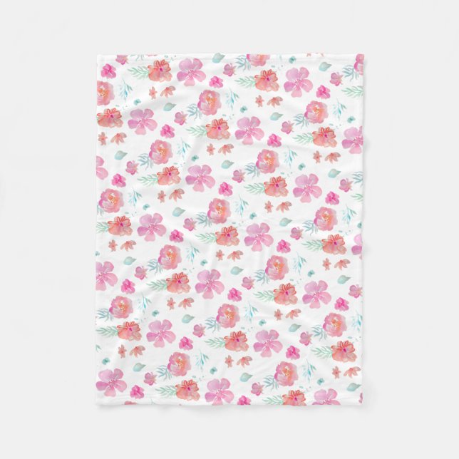 Romantic Floral Pink Watercolor Flowers Fleece Blanket (Front)