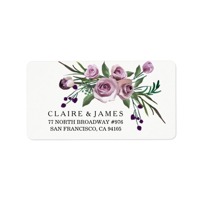 Romantic Floral Purple Rose Wedding Address Label (Front)