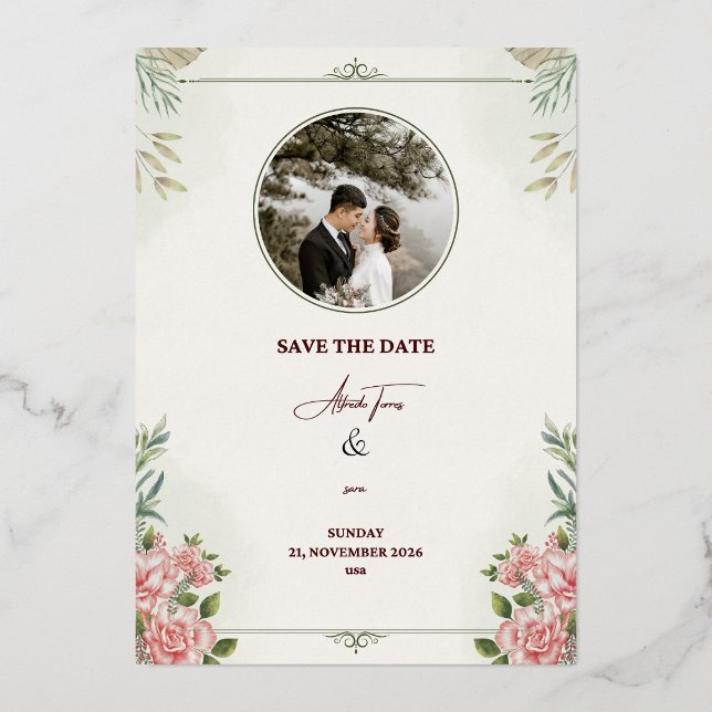 Romantic Floral “Save the Date” Wedding Card – Ele (Front)