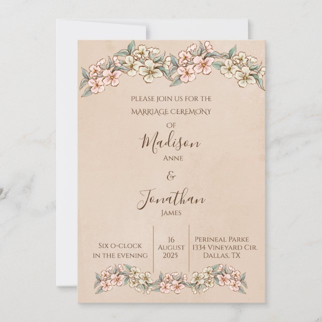 Romantic Floral Script Hand Drawn Pretty Wedding Invitation (Front)