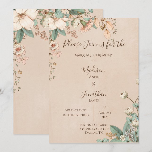 Romantic Floral Script Hand Drawn Pretty Wedding Invitation (Front/Back)