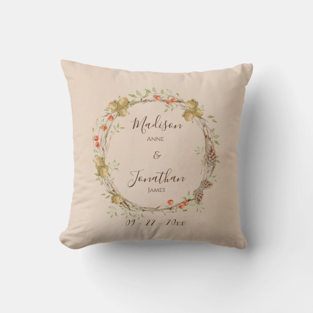Romantic Floral Script Wreath Greenery Personalise Cushion (Front)