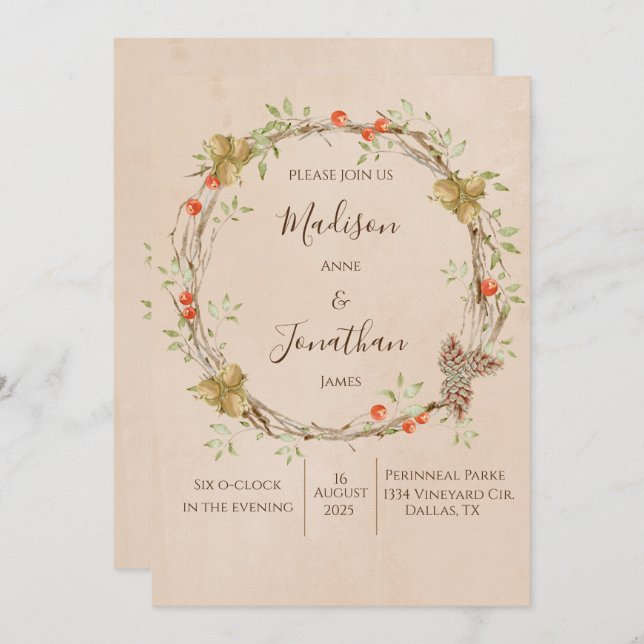 Romantic Floral Script Wreath Greenery Wedding Invitation (Front/Back)