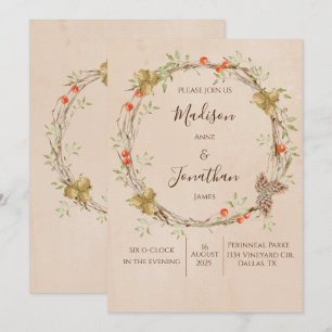 Romantic Floral Script Wreath Greenery Wedding Invitation