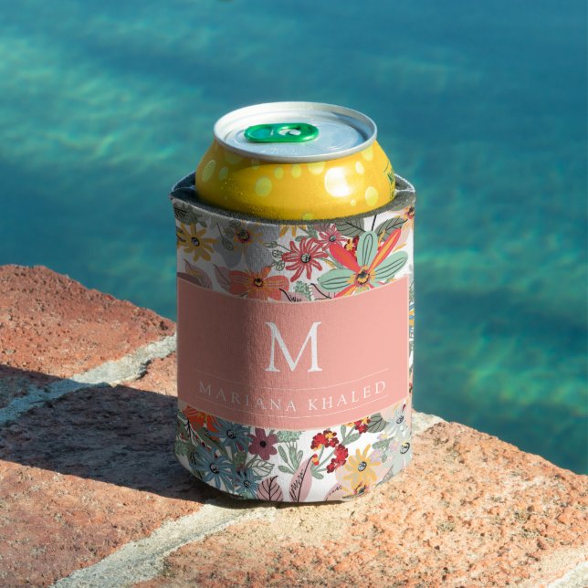 Romantic Floral soft Pink Green peach  Classic   Can Cooler (In Situ Pool)