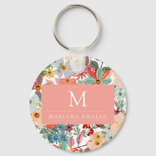 Romantic Floral soft Pink Green peach  Classic  Key Ring