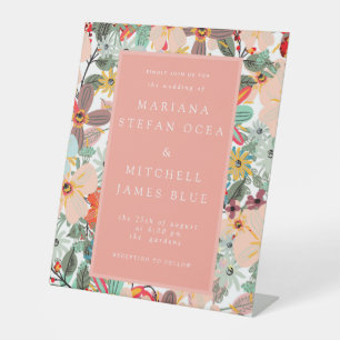 Romantic Floral soft Pink Green peach Invitation Pedestal Sign