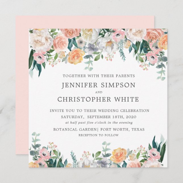 Romantic Floral Square Wedding Invitation Cards (Front/Back)