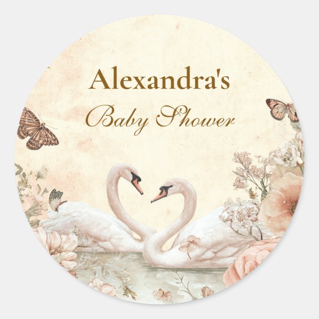 Romantic Floral Swan Baby Shower Classic Round Sticker (Front)