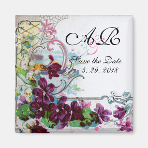 Romantic Floral Swirls Purple Pansies Save Date Magnet