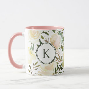 Romantic Floral Vanilla White Watercolor Monogram Mug