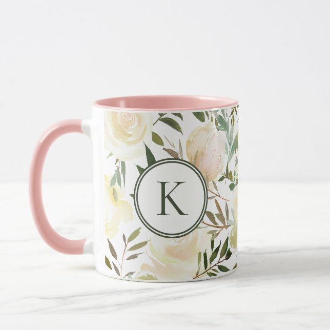 Romantic Floral Vanilla White Watercolor Monogram Mug (Left)