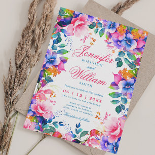 Romantic Floral Vibrant Rainbow Wedding w/ QR RSVP Invitation