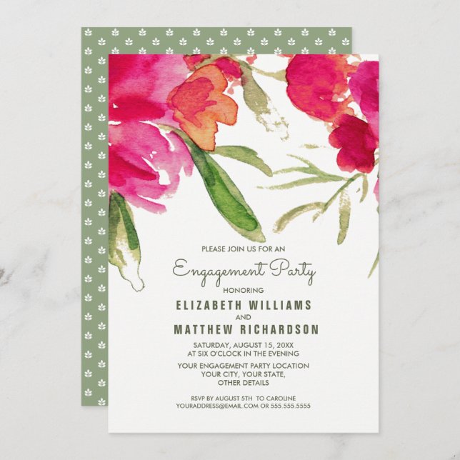 Romantic Floral Watercolor Engagement Party Invite (Front/Back)