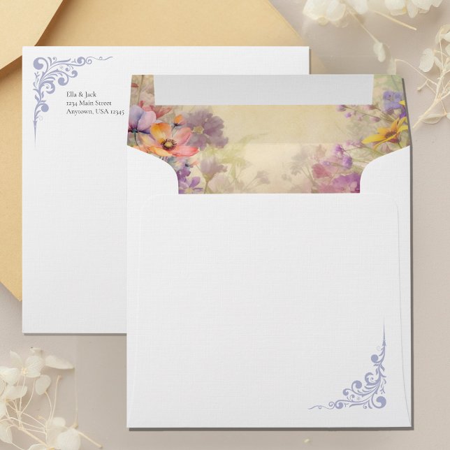 Romantic Floral Watercolor Wedding Envelope (Front and back view)