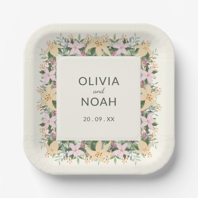 Romantic floral wedding - boho party paper plate (Front)