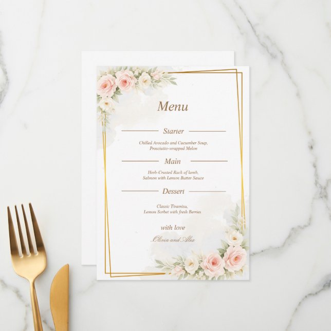 Romantic Floral Wedding Menu Dusty Blush Peony (Front/Back In Situ)