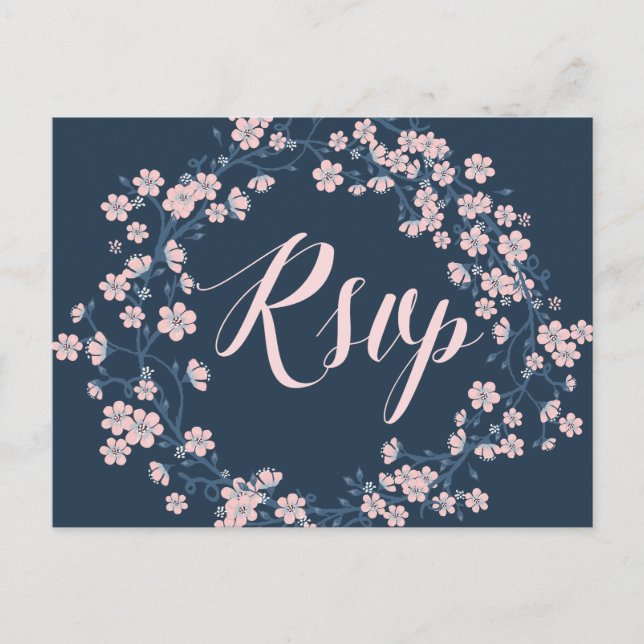 Romantic Floral Wedding RSVP Postcards Pink Wreath (Front)