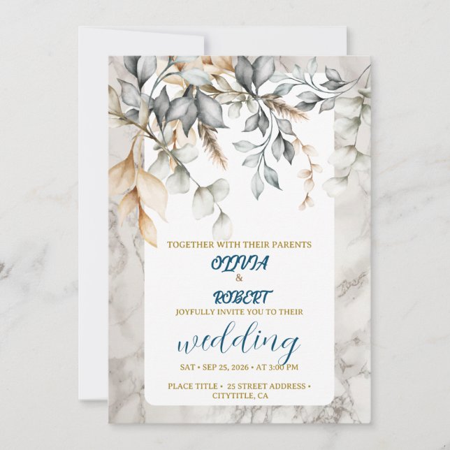 Romantic floral white gentle blue flowers marble invitation (Front)