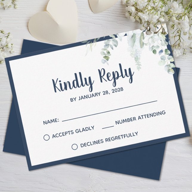 Romantic floral white gentle flowers blue wedding RSVP card (Creator Uploaded)