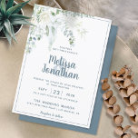 Romantic floral white gentle flowers wedding invitation<br><div class="desc">Create the perfect Wedding suite with this romantic and beautiful wedding invitation featuring a delicate watercolor bouquet with white gentle flowers, over greenery, and other botanical foliage on the left top corner, over a classy plain white background. Easily edit the template fields to add the bride and groom names in...</div>