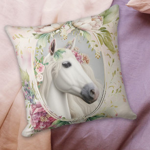 Romantic Floral White Horse  Cushion