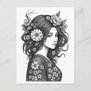 Romantic Floral Woman Line Art Postcard
