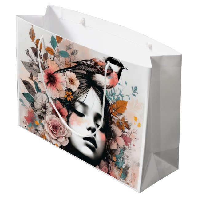 Romantic Floral Woman with Delicate Bird Details Large Gift Bag (Back Angled)