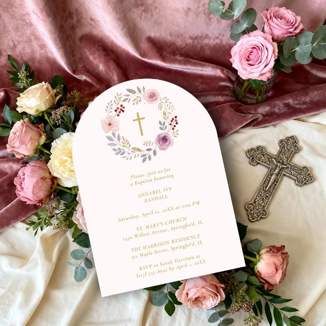 Romantic Floral Wreath Minimalist Baptism Invitation (Romantic Floral Wreath Minimalist Baptism Invitation Card Design in Soft Tones. )
