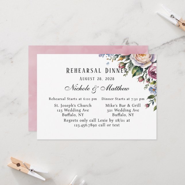 Romantic Floral Wreath Rehearsal Dinner Invitation (Front/Back In Situ)