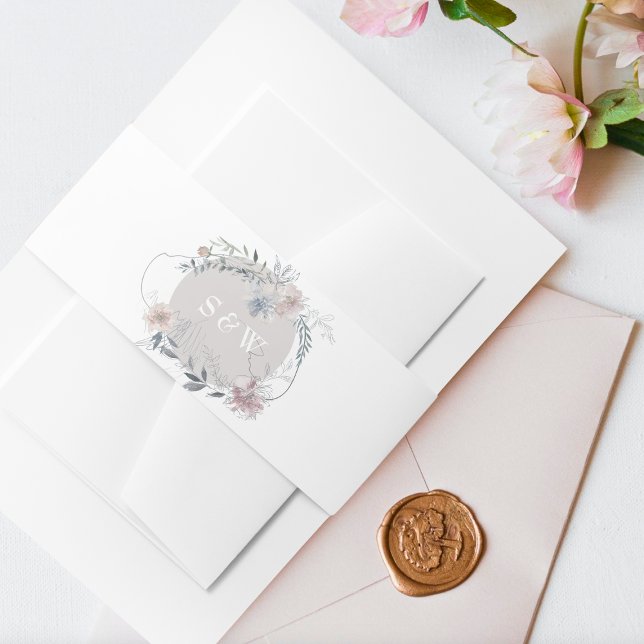 Romantic Floral Wreath Watercolor Monogram Invitation Belly Band (Creator Uploaded)