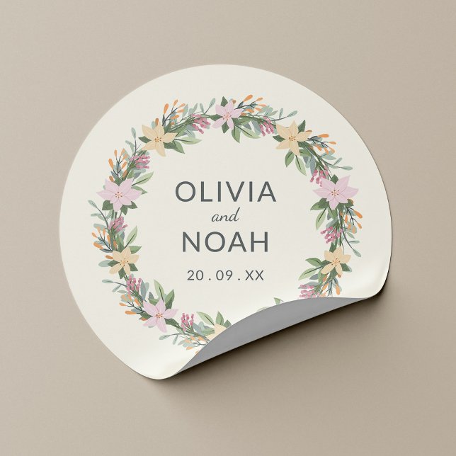 Romantic floral wreath wedding classic round sticker (Creator Uploaded)