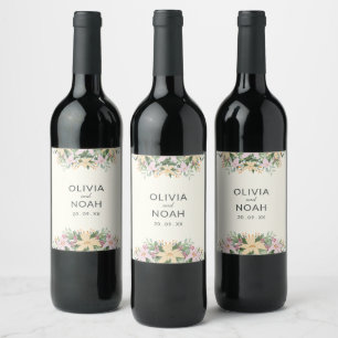 Romantic floral wreath wedding wine label